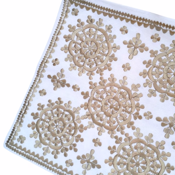 Beige silk embroidered sofa cushion cover with traditional medallion design