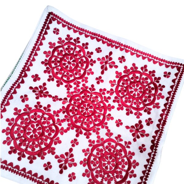 Crimson red embroidered cushion cover with traditional Moroccan medallion motif