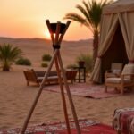 Outdoor candle holder tripod torch illuminating desert patio at sunset, handcrafted wooden stand with ceramic bowl