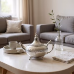 Elegant silver large teapot displayed on a modern marble coffee table in a neutral living room with grey sofas and minimalist décor.