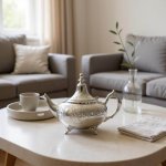 Traditional engraved silver teapot with ornate handle on modern coffee table in living room setting