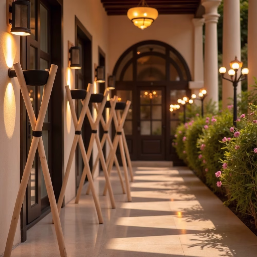 Elegant wooden tripod torch holders lined up creating ambient lighting on Mediterranean terrace