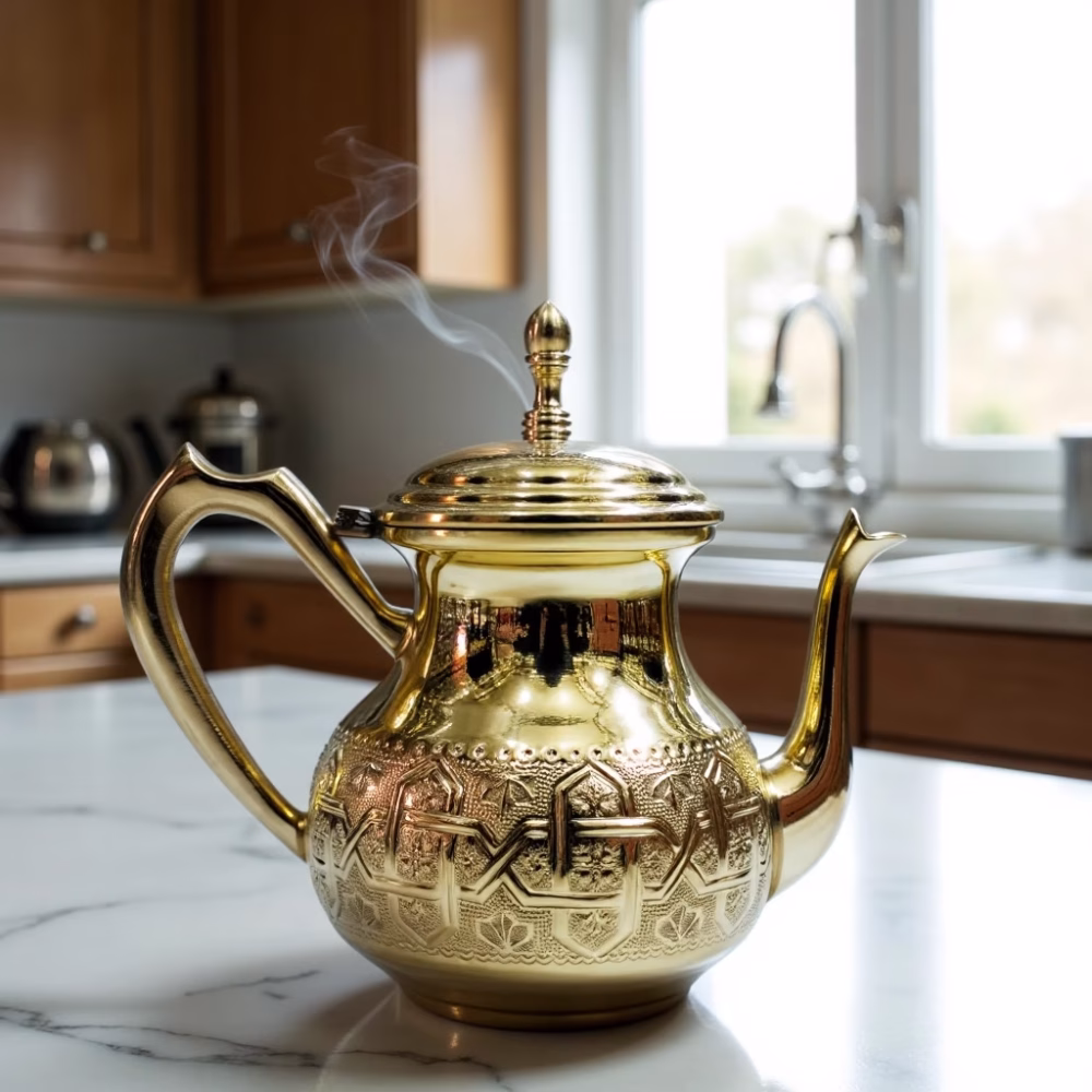 Gold teapot pouring mint tea, steam rising for a cozy aesthetic.