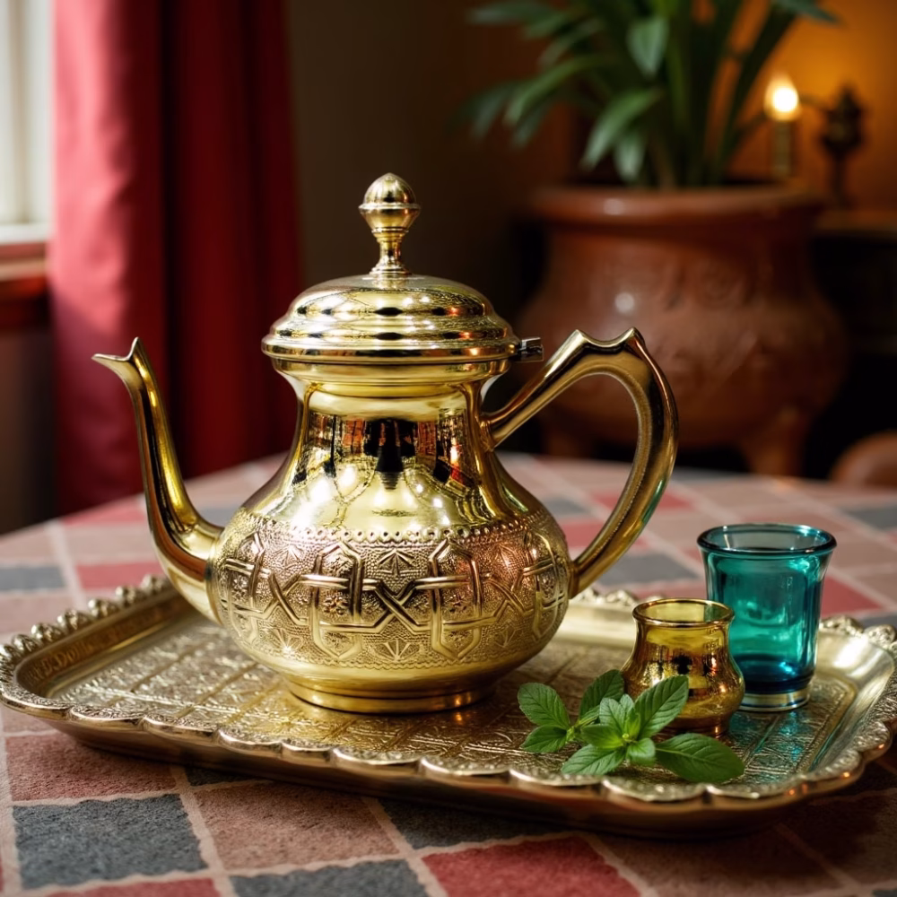 Golden Moroccan teapot on a tray, paired with traditional tea glasses.