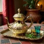 Traditional gold brass teapot hand-engraved with flat base resting on a silver Moroccan serving tray