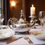 Hand-engraved silver teapot geometric medallion on formal dining table with crystal glassware and candle