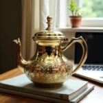 Gold brass teapot hand-engraved with Moroccan geometric carving displayed on books in a library setting