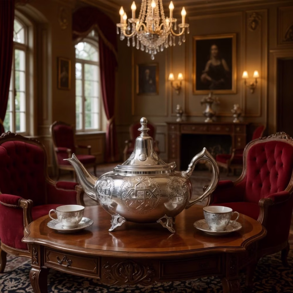 Large teapot centerpiece in an opulent salon, flanked by silver teacups on an antique wooden table beneath a crystal chandelier.