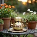 Solid gold brass teapot hand-engraved with detailed geometric band on a decorative metal tray with flowers