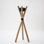 Handmade wooden tripod outdoor candle holder with black ceramic bowl, 56-inch Moroccan torch stand on white background