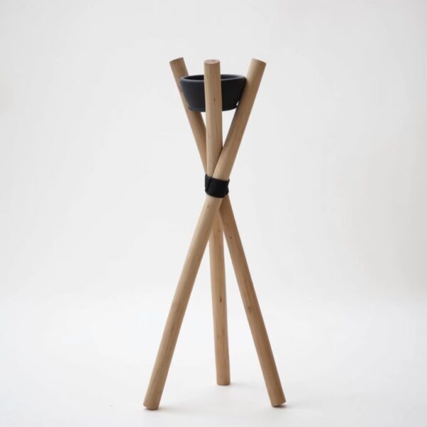 Handmade wooden tripod outdoor candle holder with black ceramic bowl, 56-inch Moroccan torch stand on white background