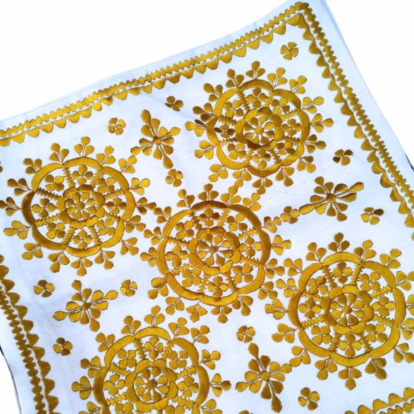 Mustard yellow Moroccan sofa cushion cover with intricate medallion design