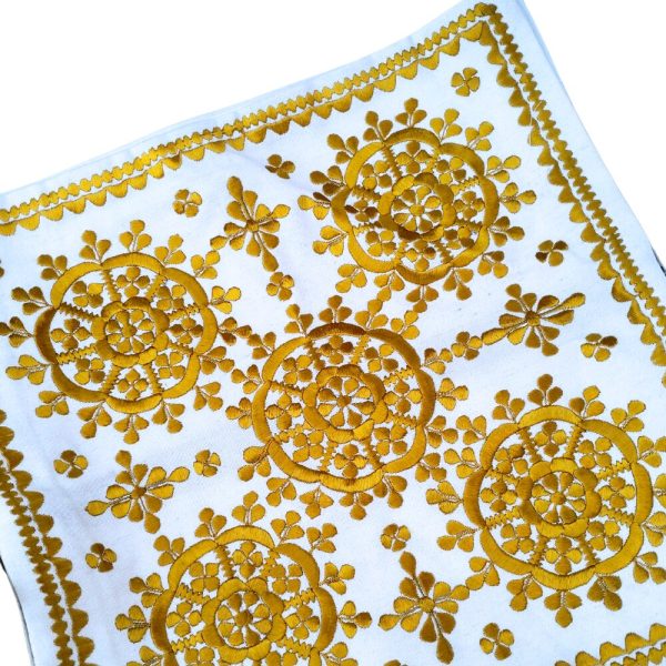 Mustard yellow Moroccan sofa cushion cover with intricate medallion design