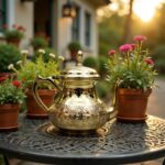 Gold brass teapot hand-engraved with flat base positioned on a garden patio table surrounded by plants