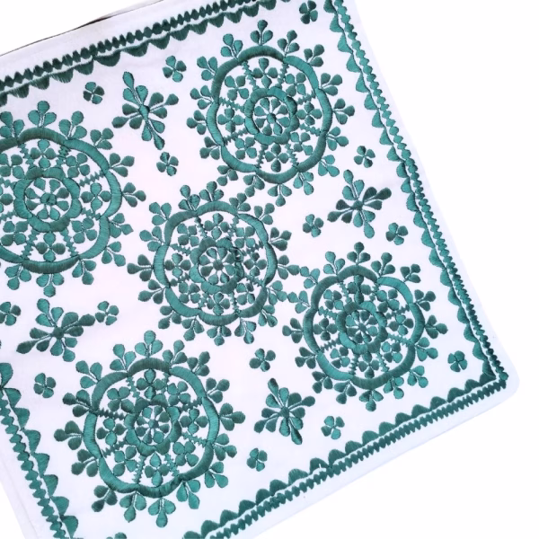 Teal Moroccan sofa cushion cover with intricate floral embroidery