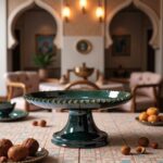Tamegroute ceramic cake stand with glossy green glaze displayed in Moroccan-style dining room setting
