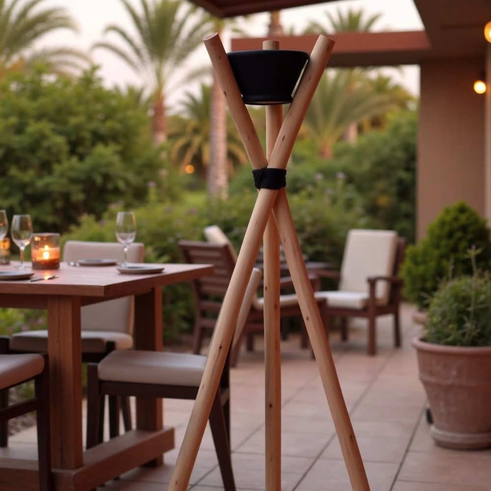 Wooden tripod outdoor torch holder on restaurant terrace with dining table and garden setting