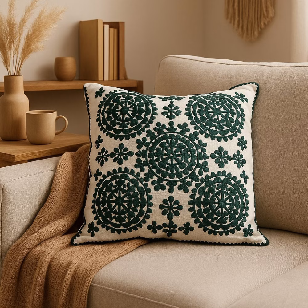 green embroidered cushion cover with intricate floral medallion pattern on cream sofa, styled with caramel throw blanket, pampas grass, and natural decor elements
