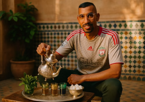 Kamal presenting a silver teapot on a Moroccan tea tray with colorful tea glasses and fresh mint in a riad courtyard.