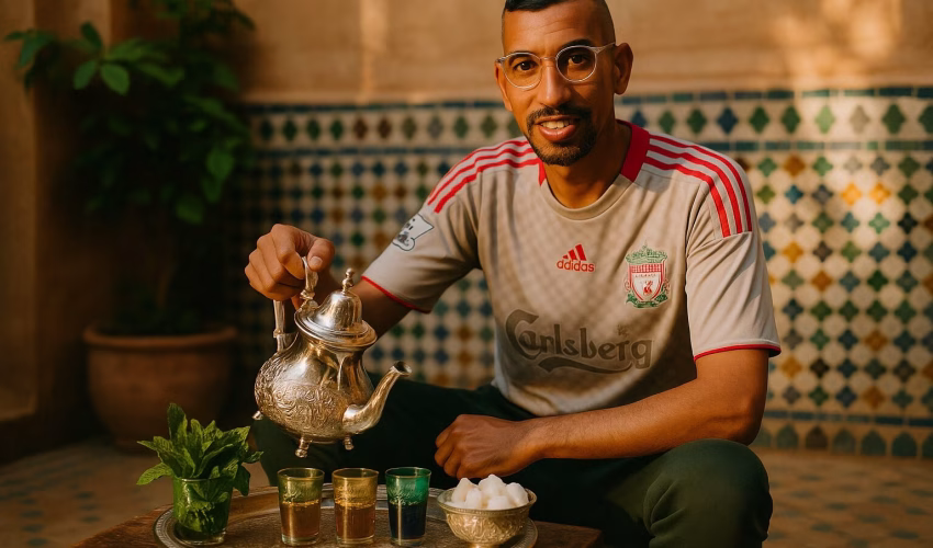 Kamal presenting a silver teapot on a Moroccan tea tray with colorful tea glasses and fresh mint in a riad courtyard.