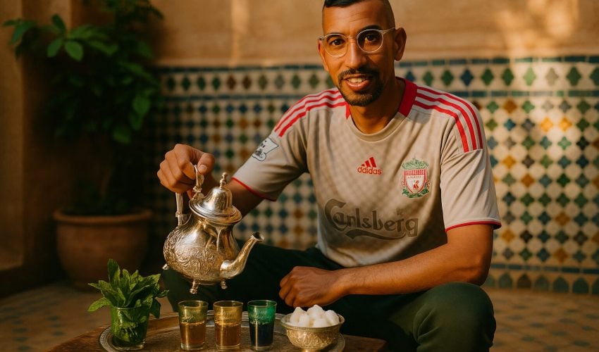 Kamal presenting a silver teapot on a Moroccan tea tray with colorful tea glasses and fresh mint in a riad courtyard.