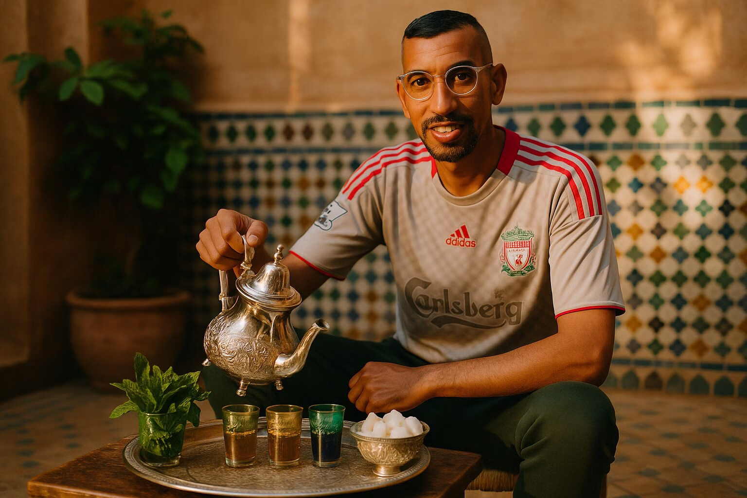 Kamal presenting a silver teapot on a Moroccan tea tray with colorful tea glasses and fresh mint in a riad courtyard.