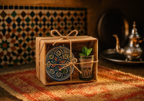 Handcrafted Moroccan gift box with tea glass, ceramic plate, and mint leaf