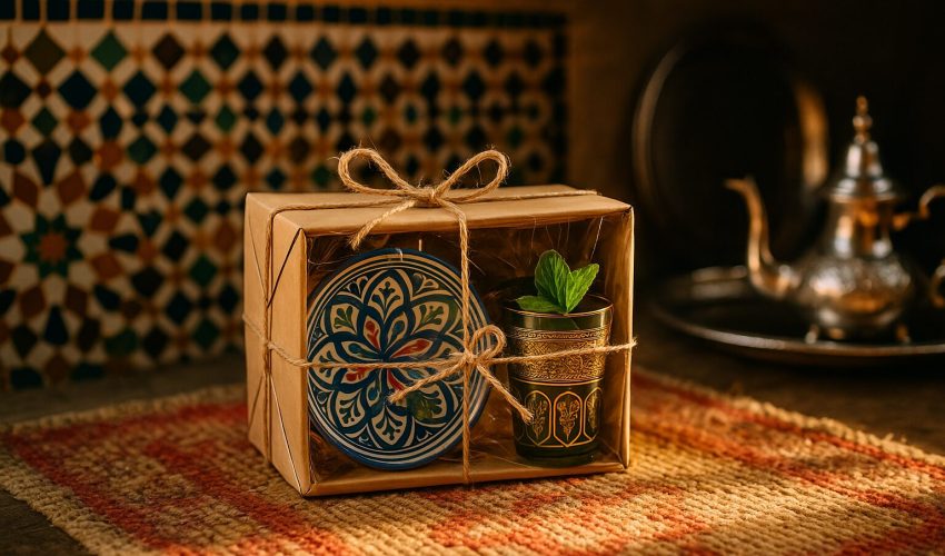 Handcrafted Moroccan gift box with tea glass, ceramic plate, and mint leaf