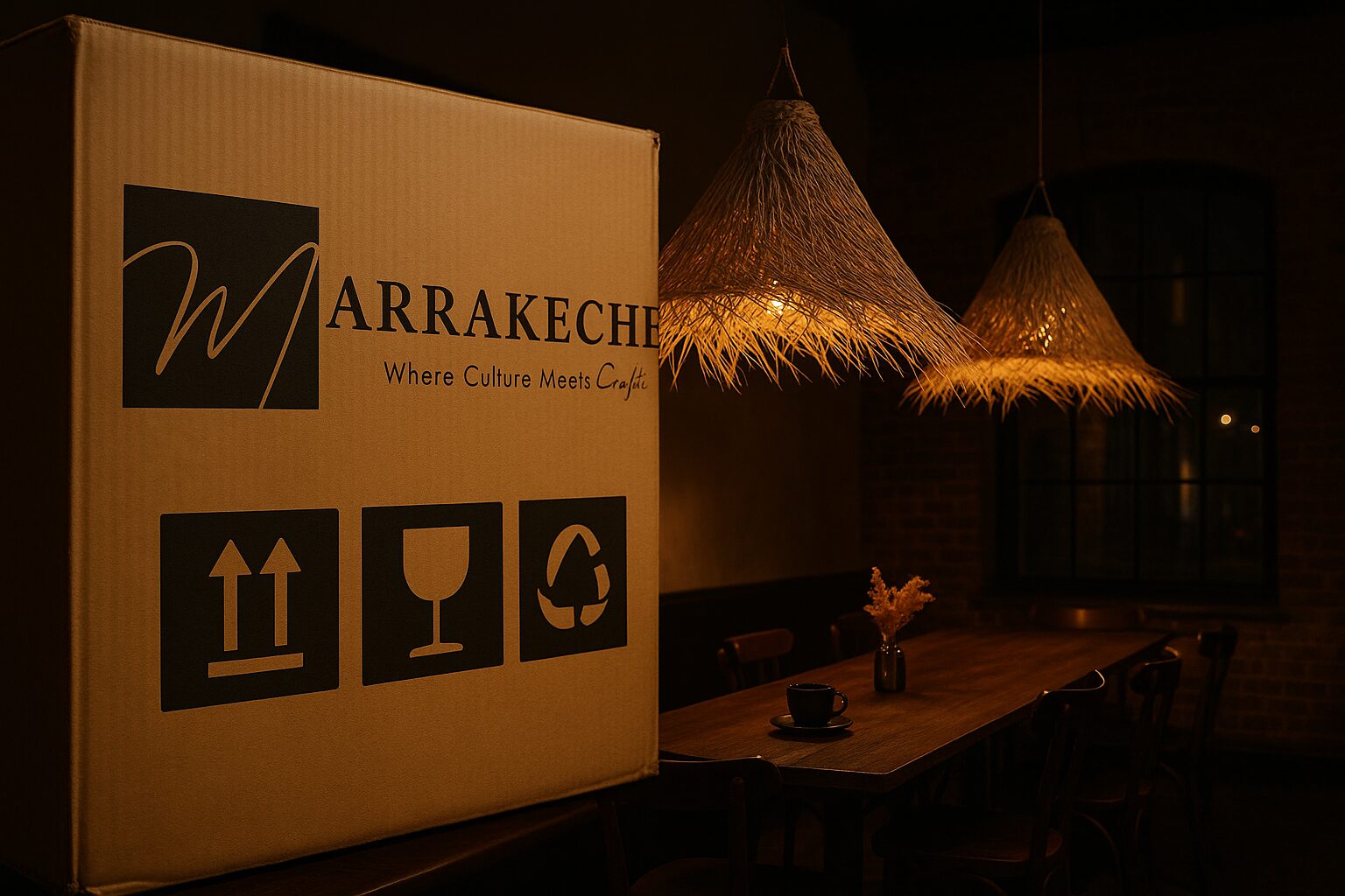 Marrakeche Crafts shipping box beside hanging handmade Moroccan straw lamps in cosy café interior.