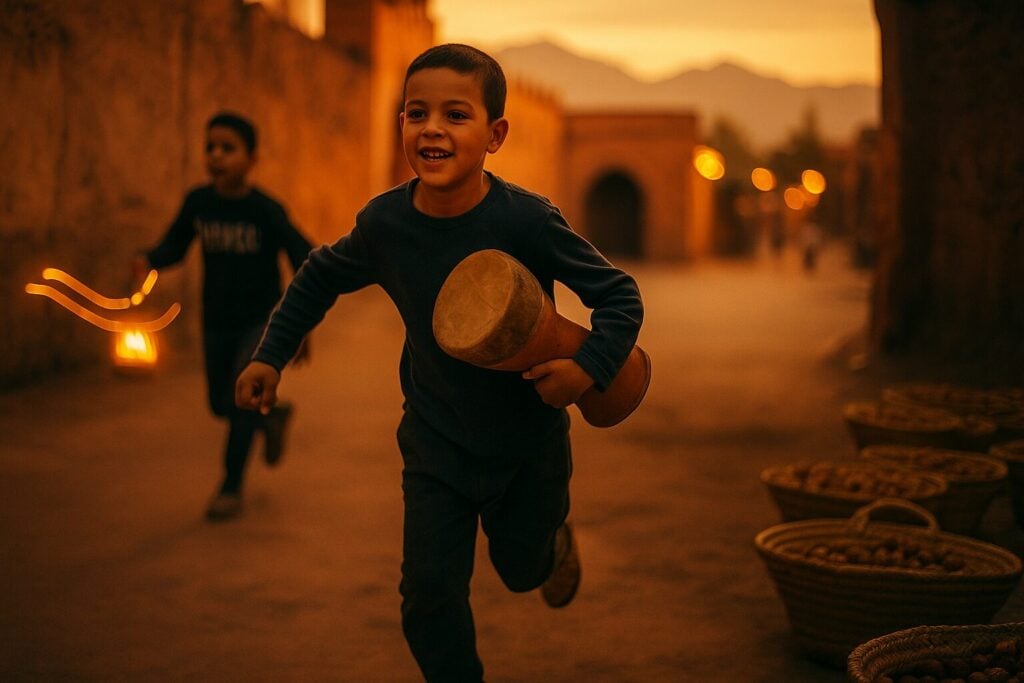 Amazigh boy carrying ta'arija drum during Achoura in Marrakech medina, with traditional fakia basket