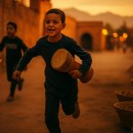 Amazigh boy carrying ta'arija drum during Achoura in Marrakech medina, with traditional fakia basket