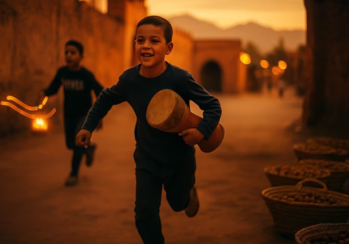 Amazigh boy carrying ta'arija drum during Achoura in Marrakech medina, with traditional fakia basket