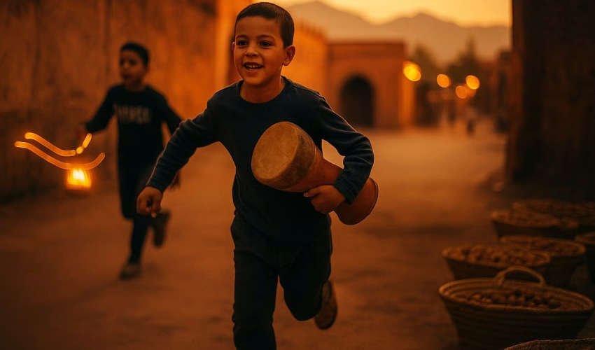 Amazigh boy carrying ta'arija drum during Achoura in Marrakech medina, with traditional fakia basket