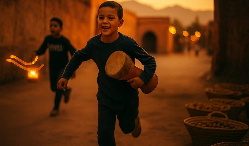 Amazigh boy carrying ta'arija drum during Achoura in Marrakech medina, with traditional fakia basket