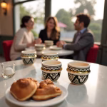 A marble-top café table with black-and-gold Moroccan espresso cups and pastries in the foreground, patrons chatting softly in the blurred background.