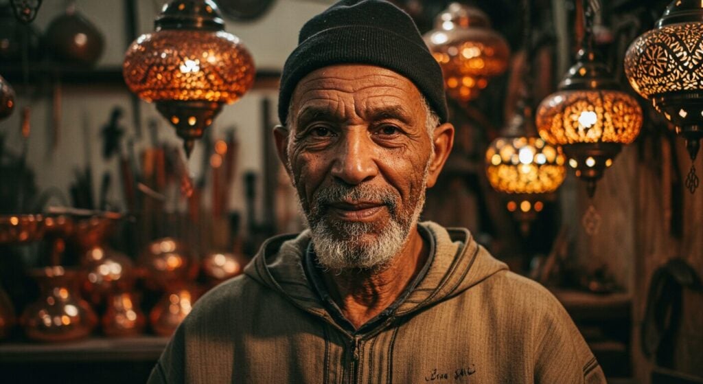 Master Moroccan copper lamp artisan Abdul Jalil in his Marrakesh workshop, portrait.