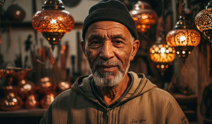 Master Moroccan copper lamp artisan Abdul Jalil in his Marrakesh workshop, portrait.