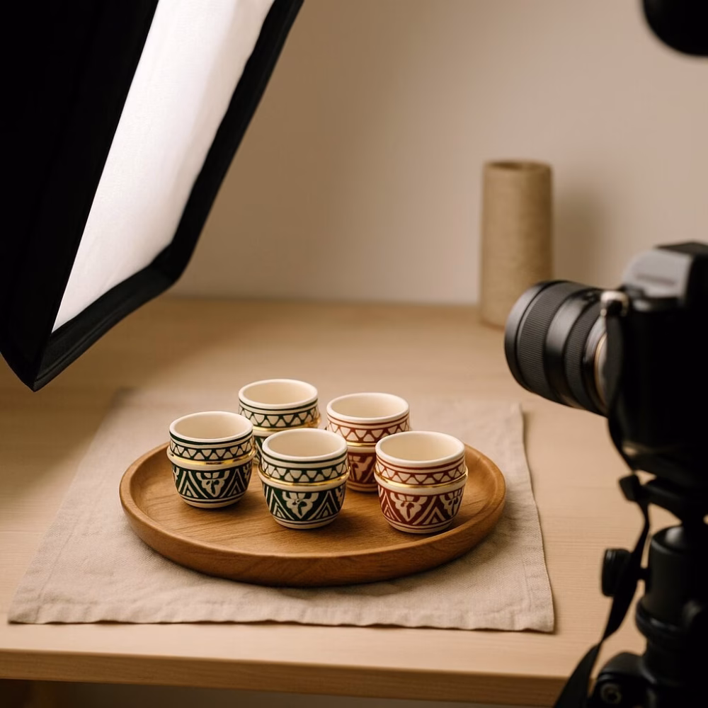 Behind-the-scenes shot of a DSLR camera and softbox capturing six Moroccan espresso cups arranged on a round wooden tray.