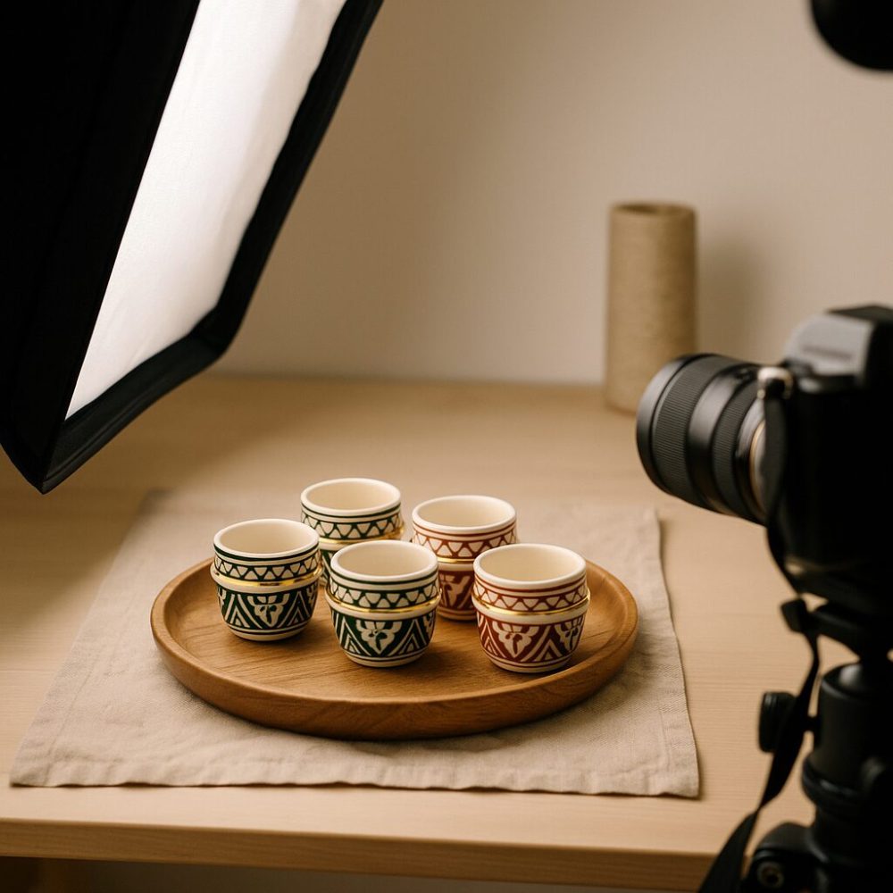 Behind-the-scenes shot of a DSLR camera and softbox capturing six Moroccan espresso cups arranged on a round wooden tray.