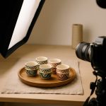 Behind-the-scenes shot of a DSLR camera and softbox capturing six Moroccan espresso cups arranged on a round wooden tray.