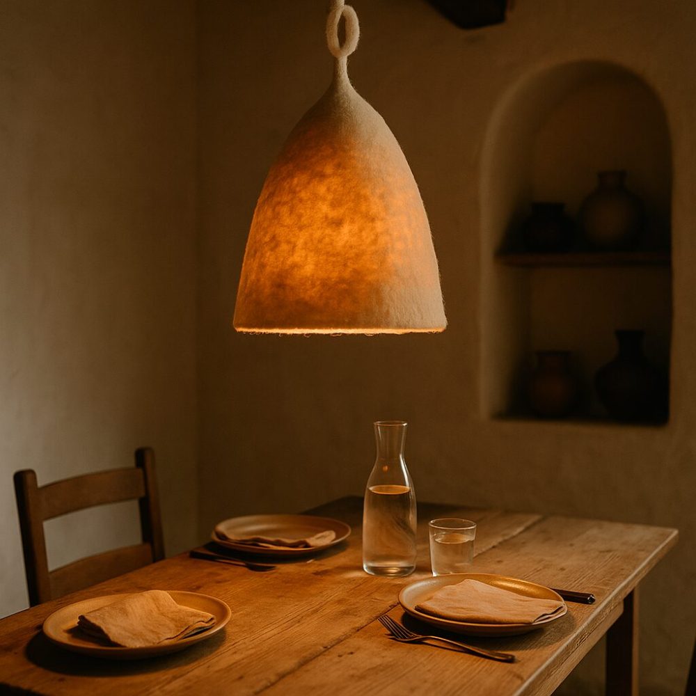 Beige wool lamp casting a warm halo over an intimate dinner table laid with minimalist stoneware in an adobe interior.