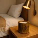 Brown Tamegroute pottery candle softly lit on an oak bedside table beneath a brass reading lamp.
