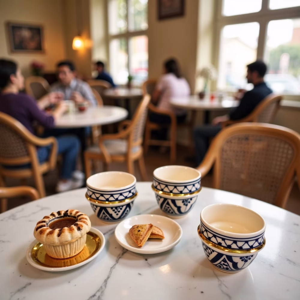 Café scene with patrons chatting; blue espresso cups and pastries on marble table.