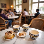 Café scene with patrons chatting; blue espresso cups and pastries on marble table.