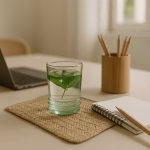 Clear recycled tumbler holding mint leaf water on woven mat beside notebook.
