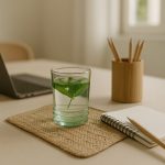 Clear recycled tumbler holding mint leaf water on woven mat beside notebook.