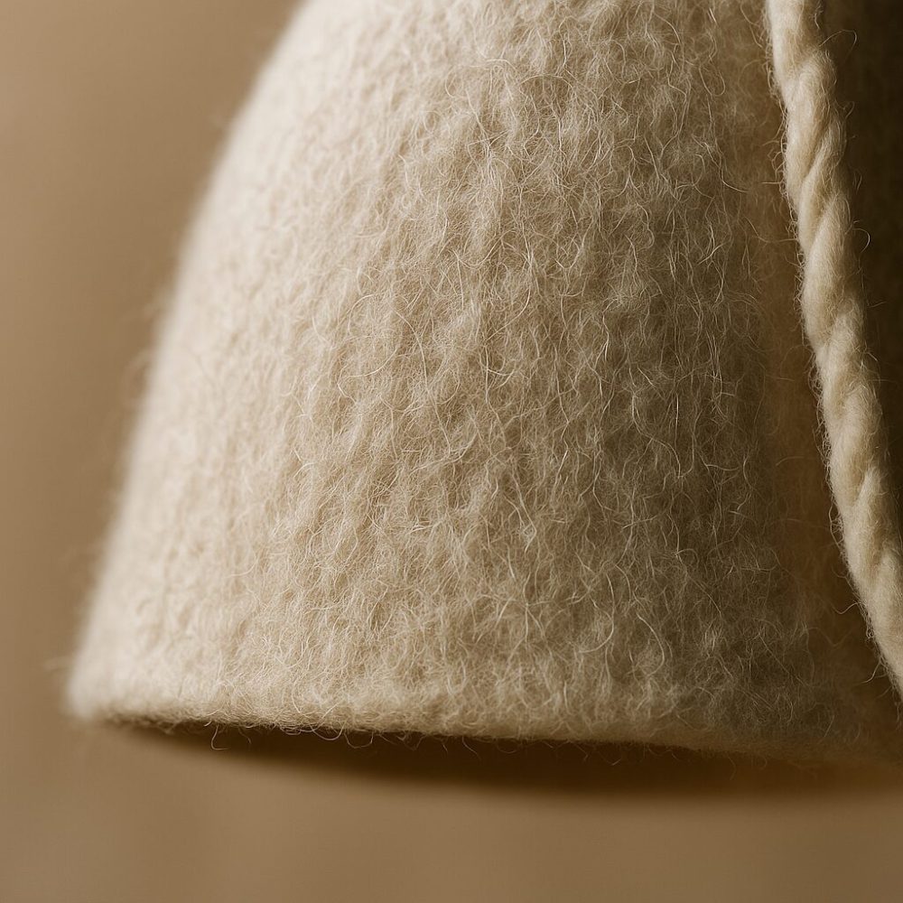 Close-up of the softly textured beige boiled-wool lampshade showing its natural fibers and artisanal stitching.