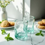Two recycled glass tea tumblers with water on marble surface beside fresh mint leaves and cookies