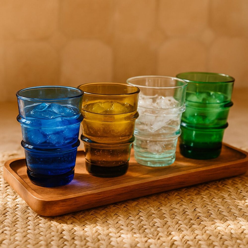 Complete line-up of six jewel glass tumblers filled with ice on tray, ready to serve.