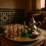 Hand-painted tea glasses with gold rim on brass serving tray, traditional Moroccan tea service with mint and sugar